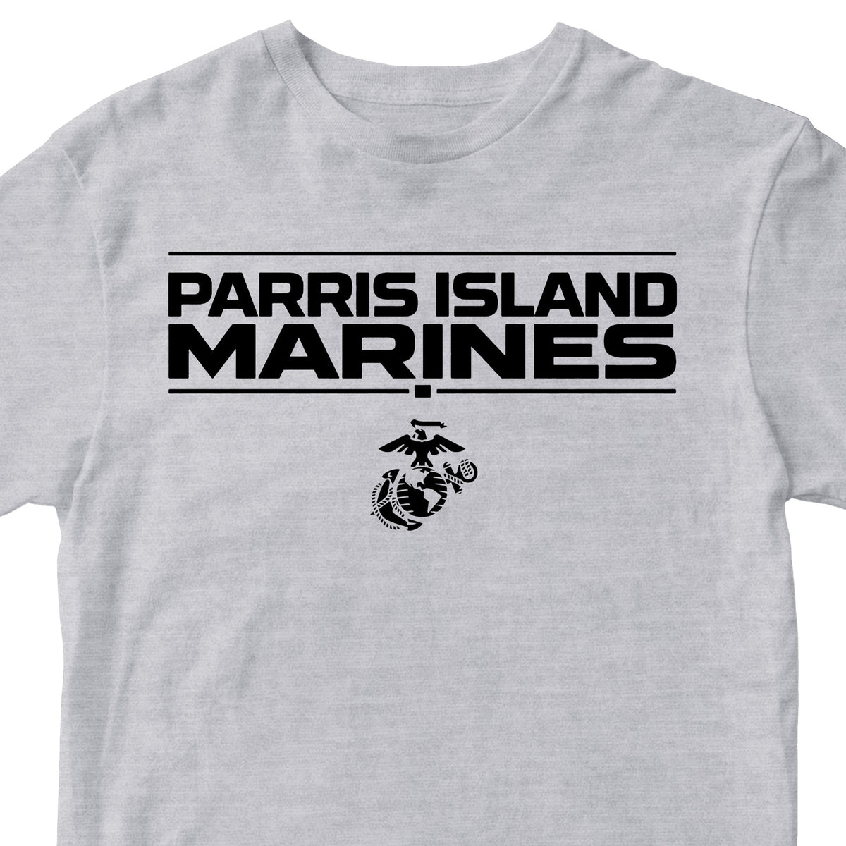 Grey MCRD Parris Island Marines T-shirt with Eagle Globe and Anchor Marine Corps design. United States Marine Corps  Parris Island Tee