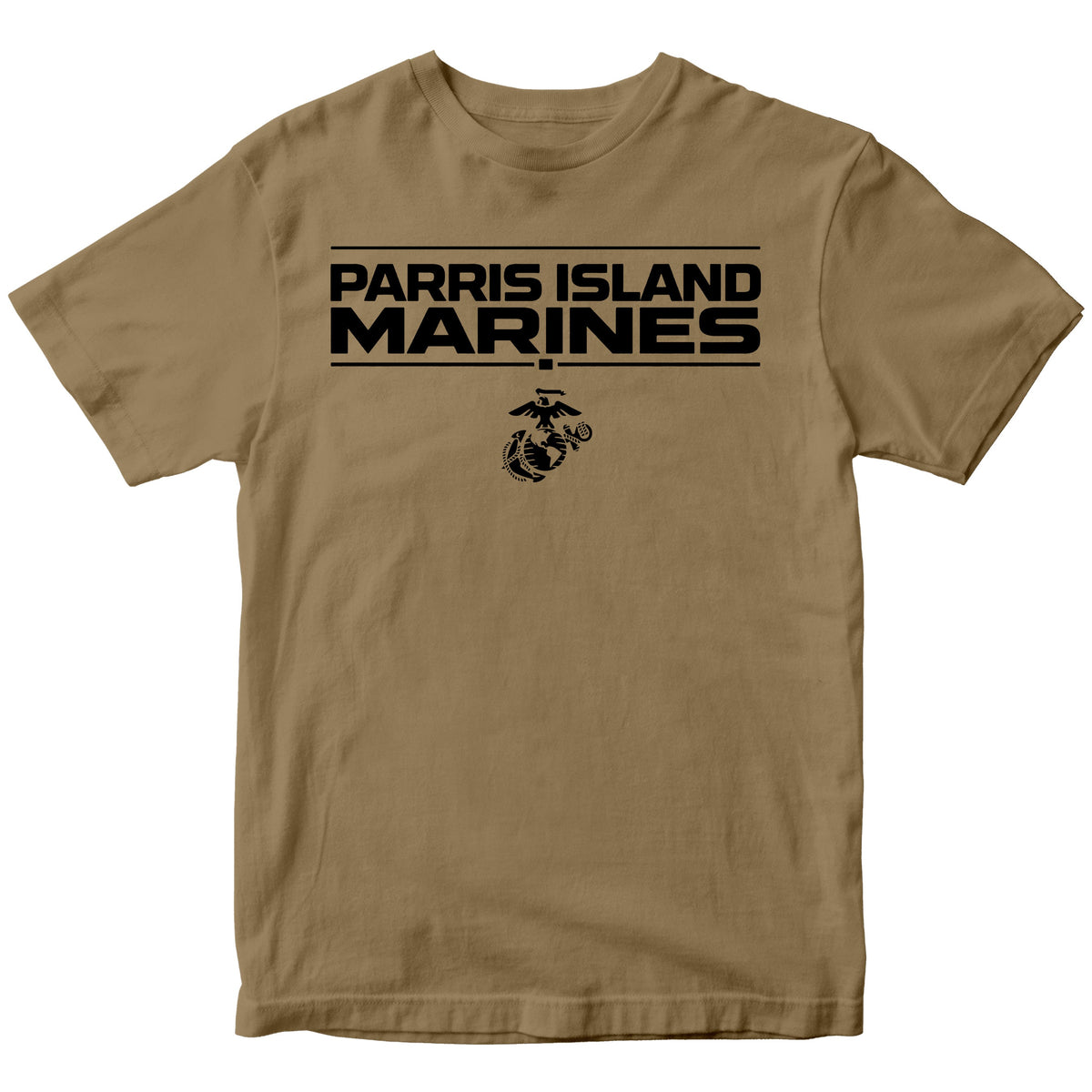 Brown MCRD Parris Island Marines T-shirt with Eagle Globe and Anchor Marine Corps design. United States Marine Corps  Parris Island Tee