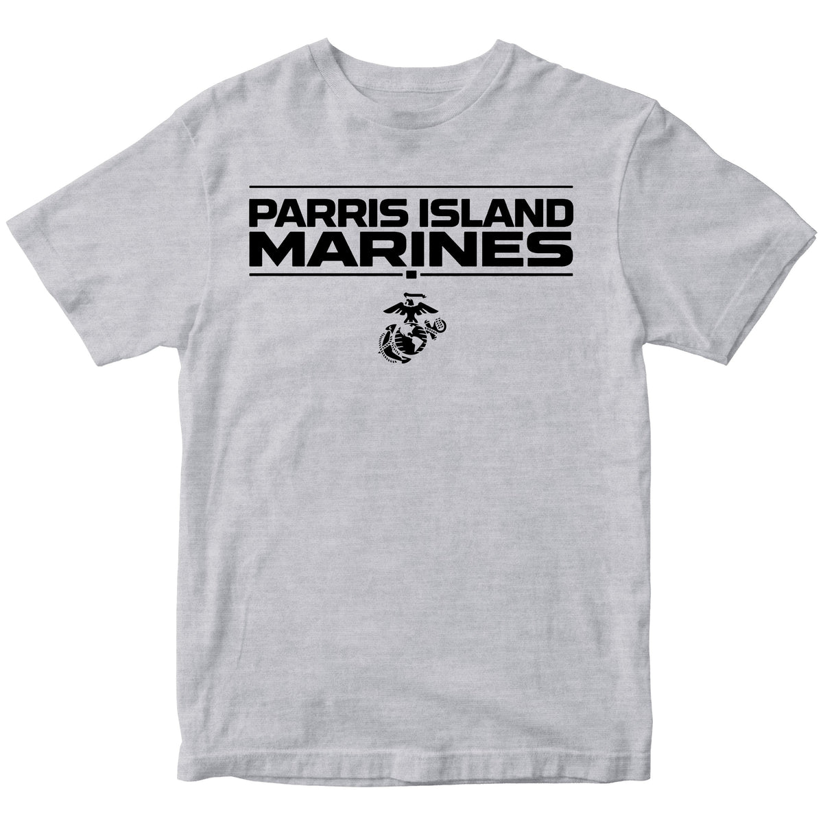 Grey MCRD Parris Island Marines T-shirt with Eagle Globe and Anchor Marine Corps design. United States Marine Corps  Parris Island Tee