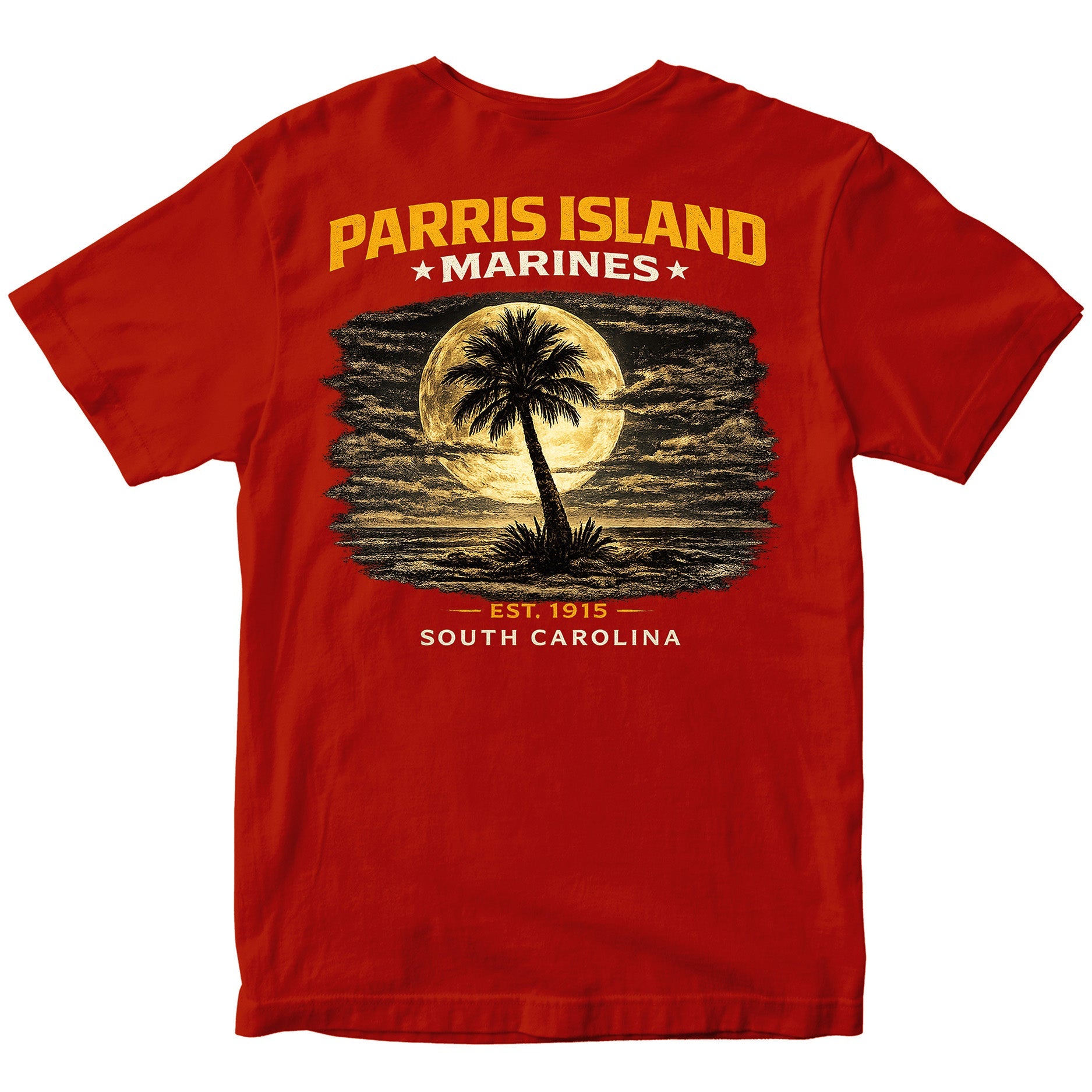 MCRD Parris Island Marines T-shirt with South Carolina graphic and Eagle Globe and Anchor. Red United States Marine Corps MCRD Parris Island Tee