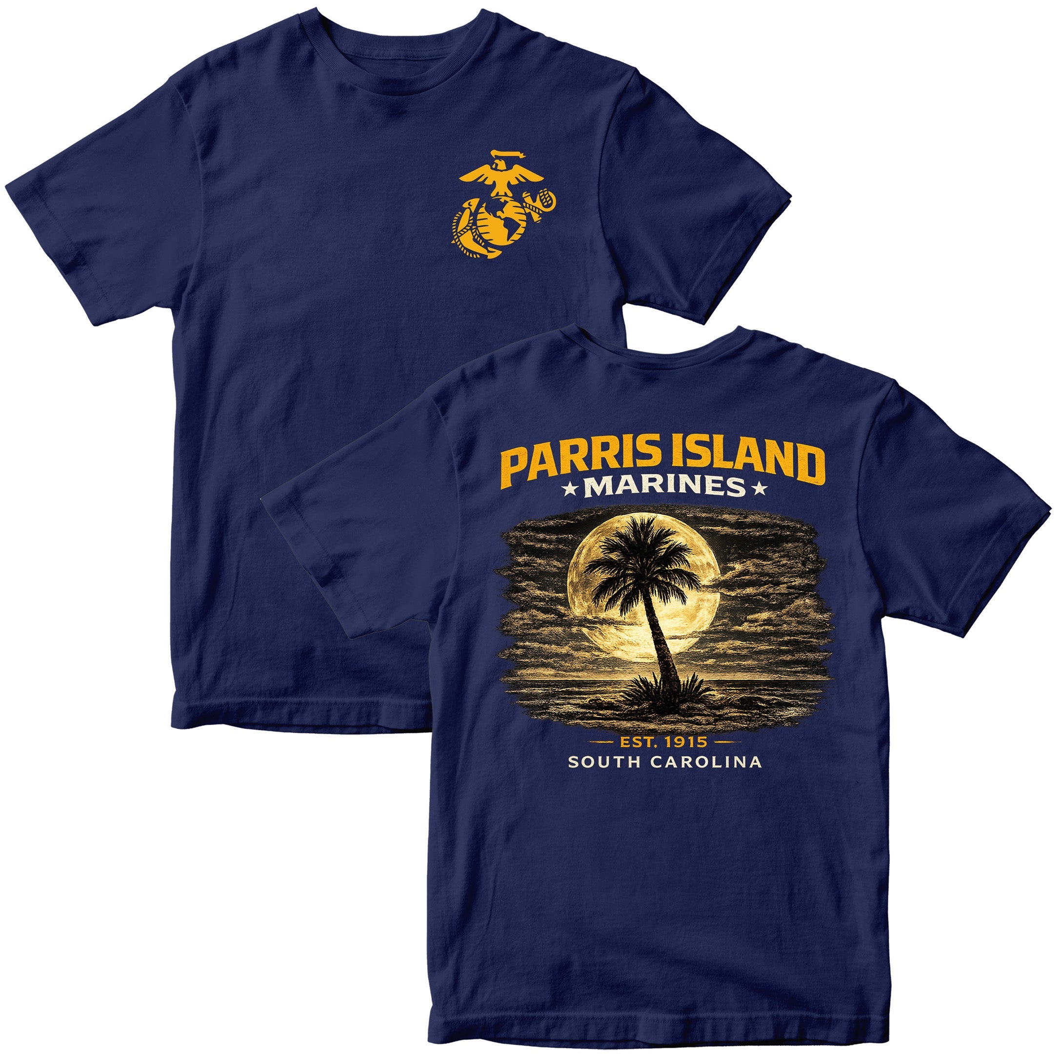 MCRD Parris Island Marines T-shirt with South Carolina graphic and Eagle Globe and Anchor. Navy United States Marine Corps MCRD Parris Island Tee