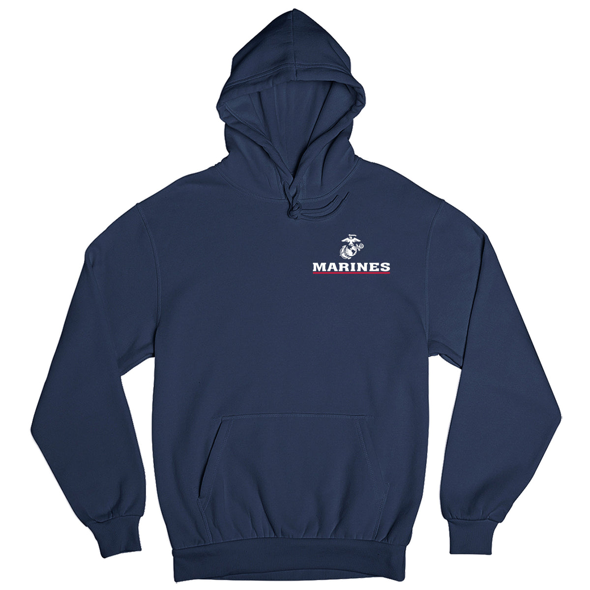 Navy USMC Hoodie with EGA chest seal emblem above bold white 'MARINES' text and a red underline, minimalist Marine Corps design.