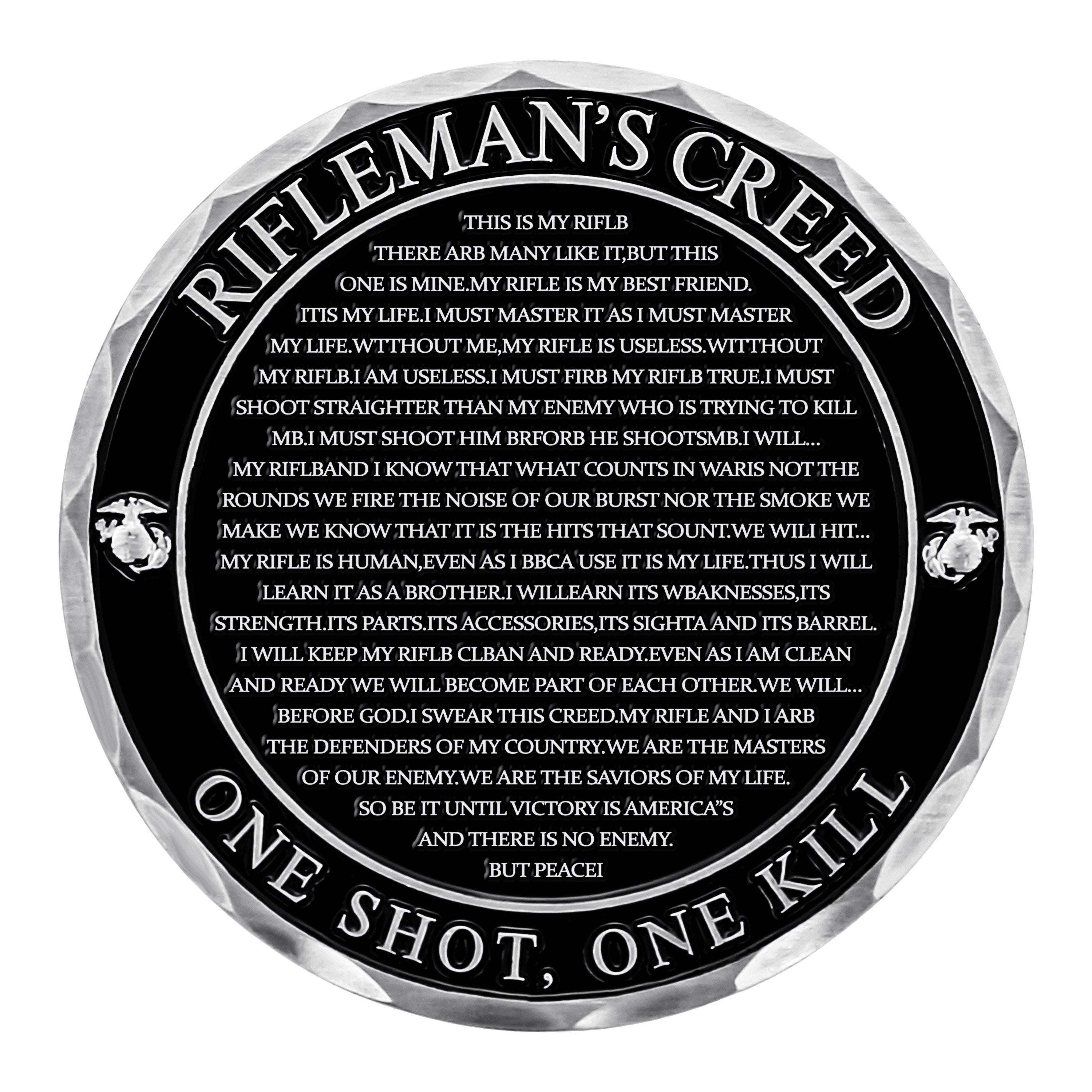 Two-sided coin with U.S. Marine Corps emblem and 'Rifleman's Creed' text on a white background