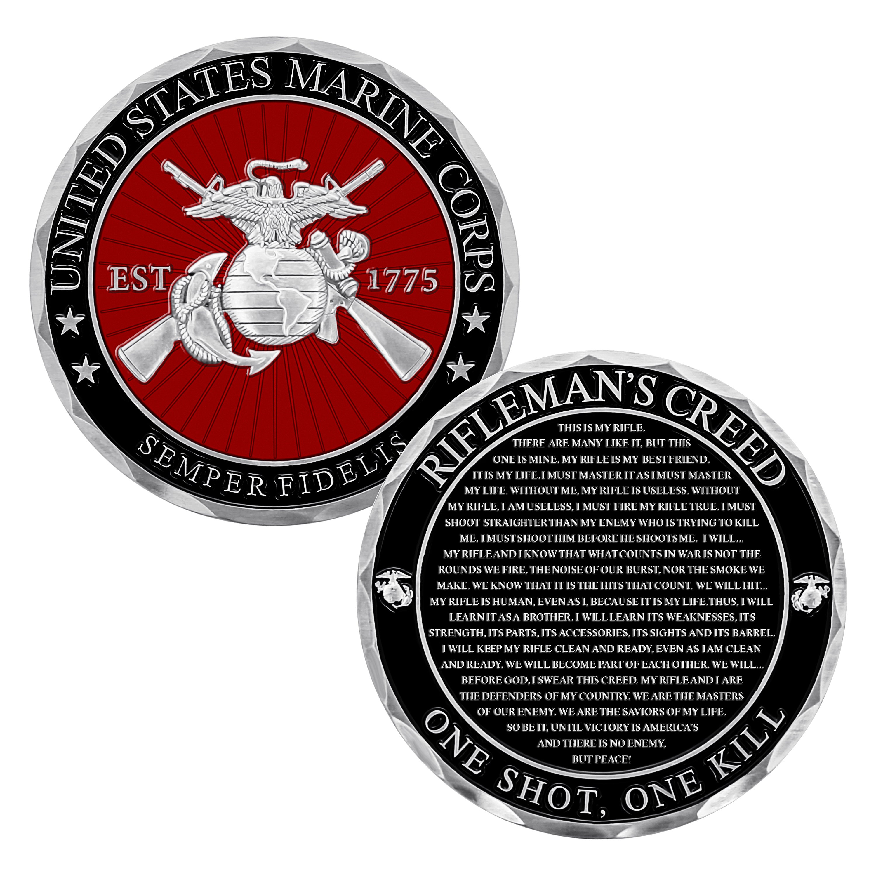 Two-sided coin with U.S. Marine Corps emblem and 'Rifleman's Creed' text on a white background