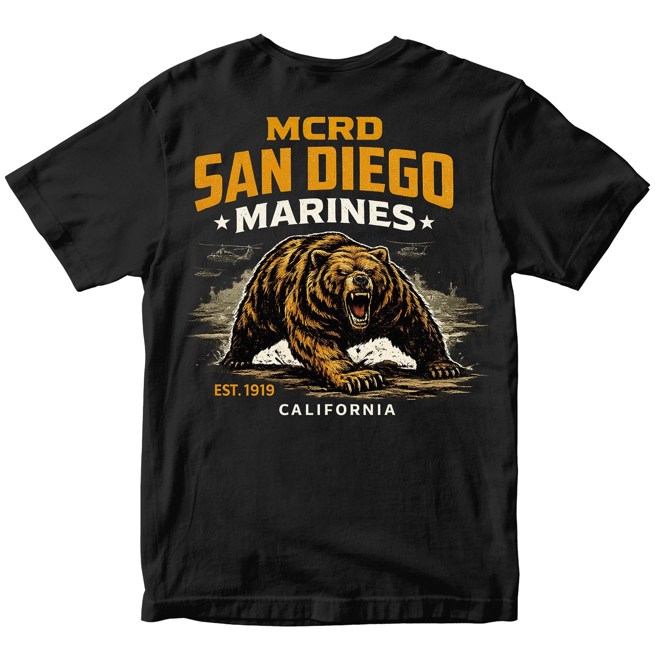 MCRD San Diego Marines T-shirt with bear graphic and Eagle Globe and Anchor. Black United States Marine Corps MCRD San Diego Tee