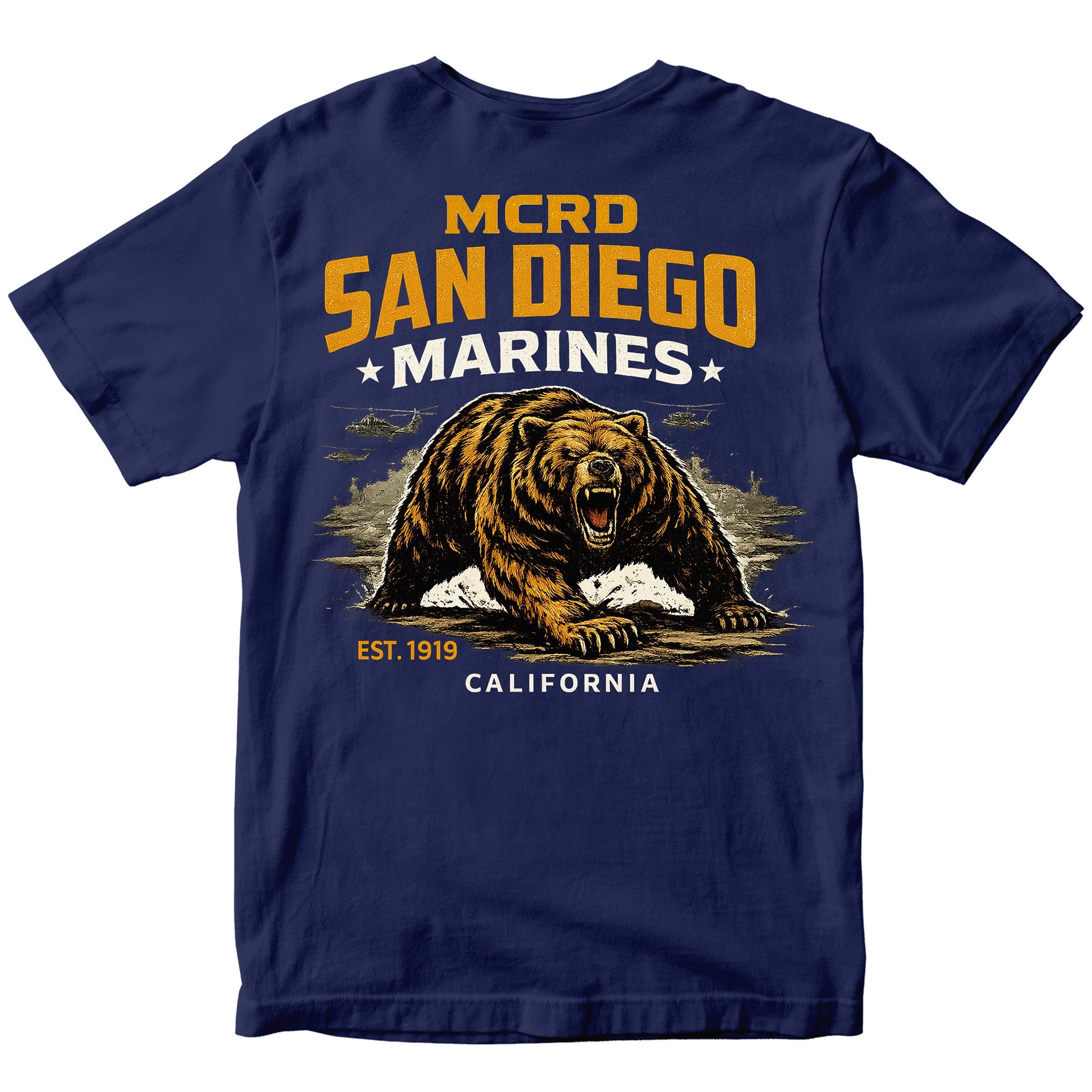 MCRD San Diego Marines T-shirt with bear graphic and Eagle Globe and Anchor. Navy United States Marine Corps MCRD San Diego Tee