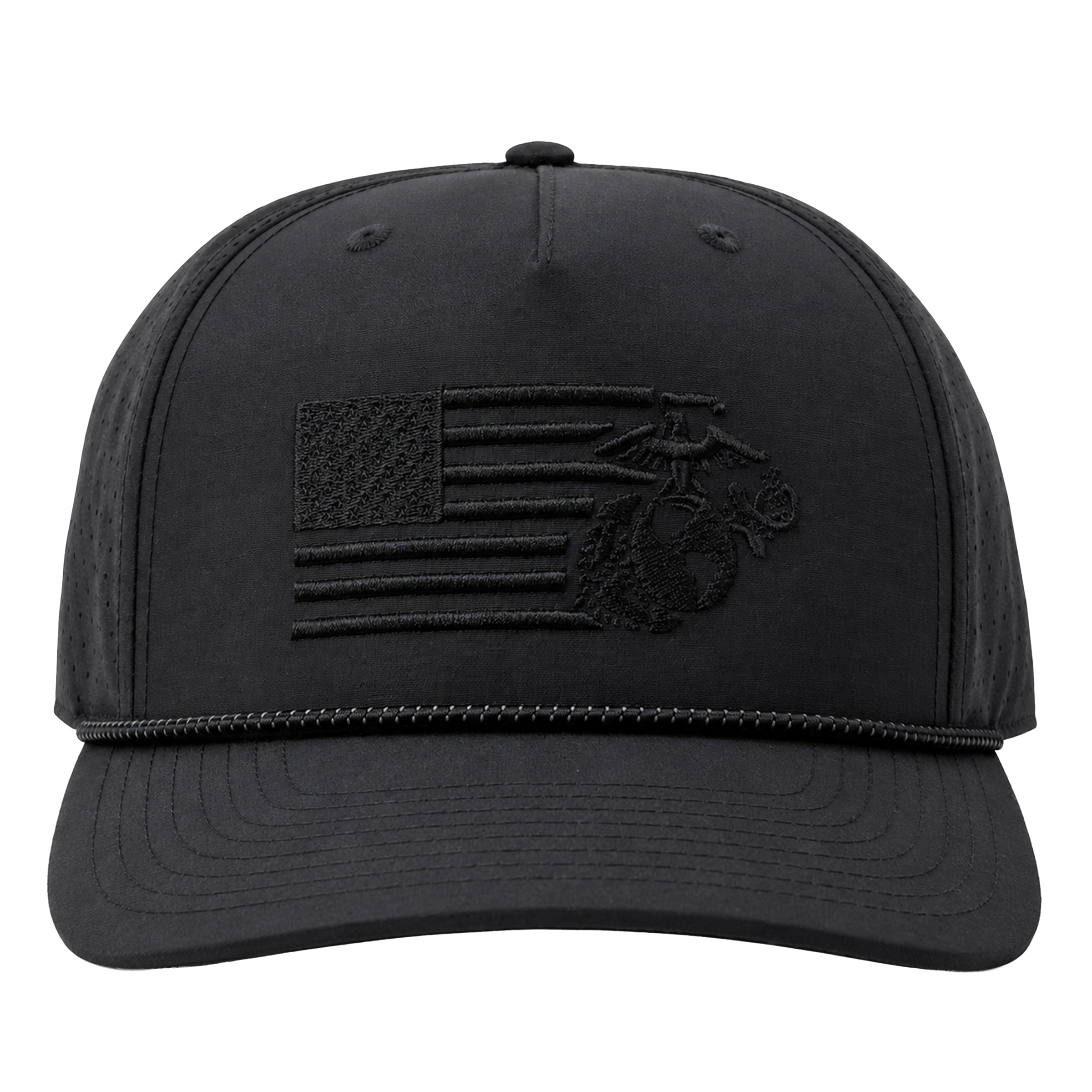 Black USMC laser perforated performance rope cap with black-on-black embroidered split American flag and Eagle, Globe, and Anchor design on the front. Marine Corps Cover. USMC black hat