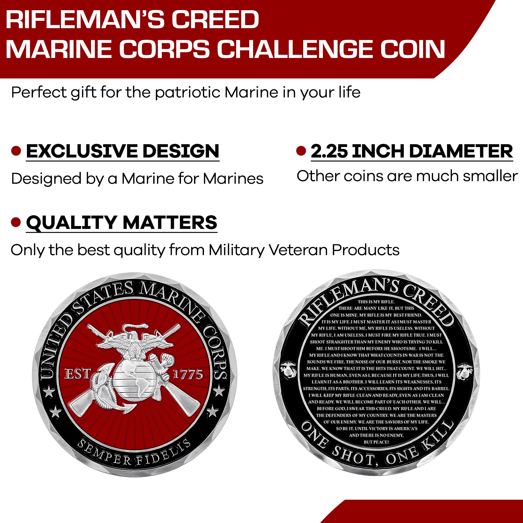 Circular metal coin with 'Rifleman's Creed' engraved on a white background