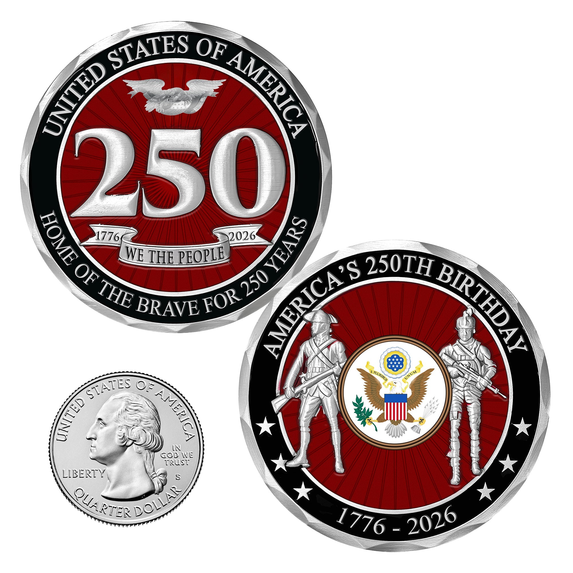 Two commemorative coins celebrating America's 250th birthday with red, white, and black design elements.