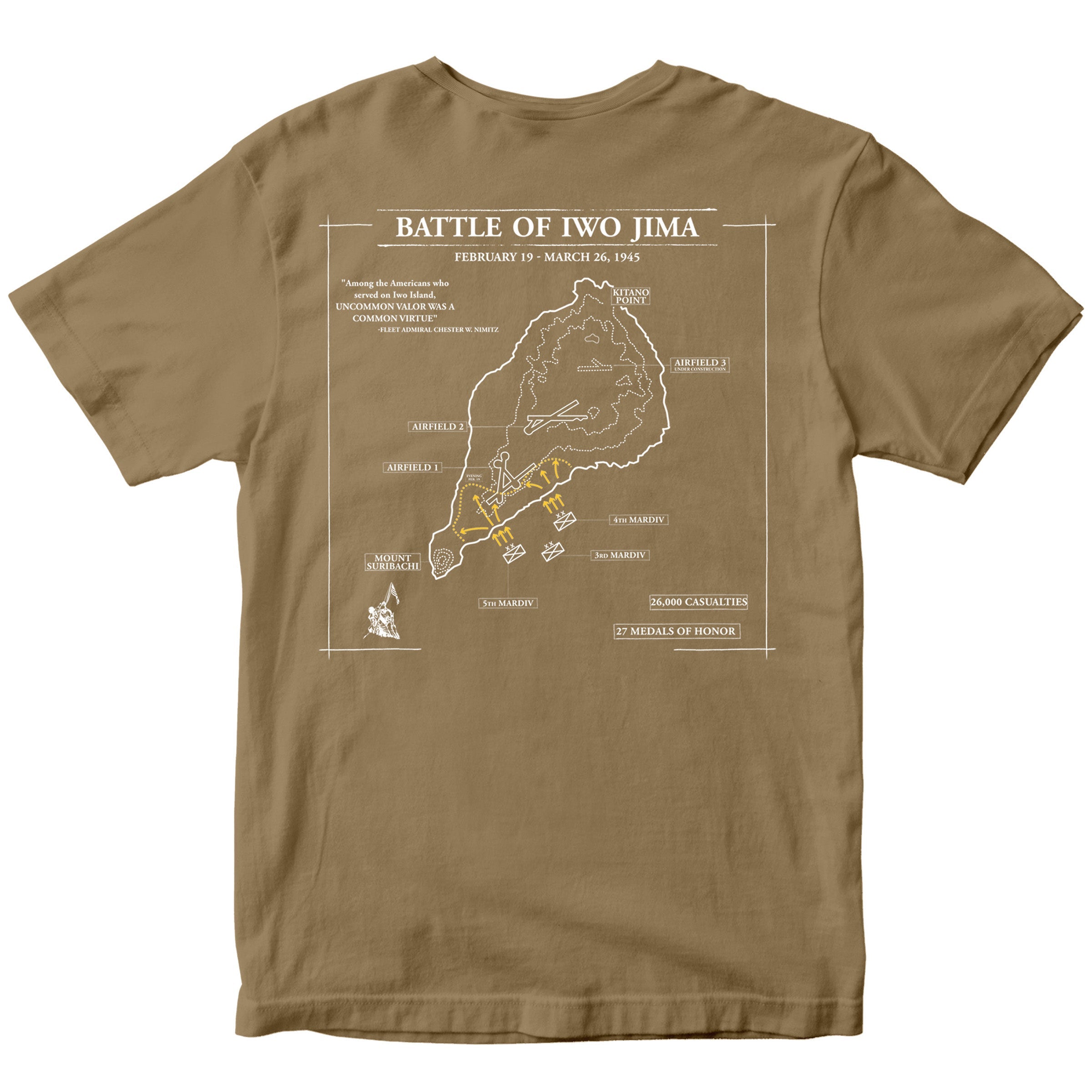 Khaki Marine Corps Iwo Jima tactical map T-shirt showing 1945 battle layout. USMC Iwo Jima Tee