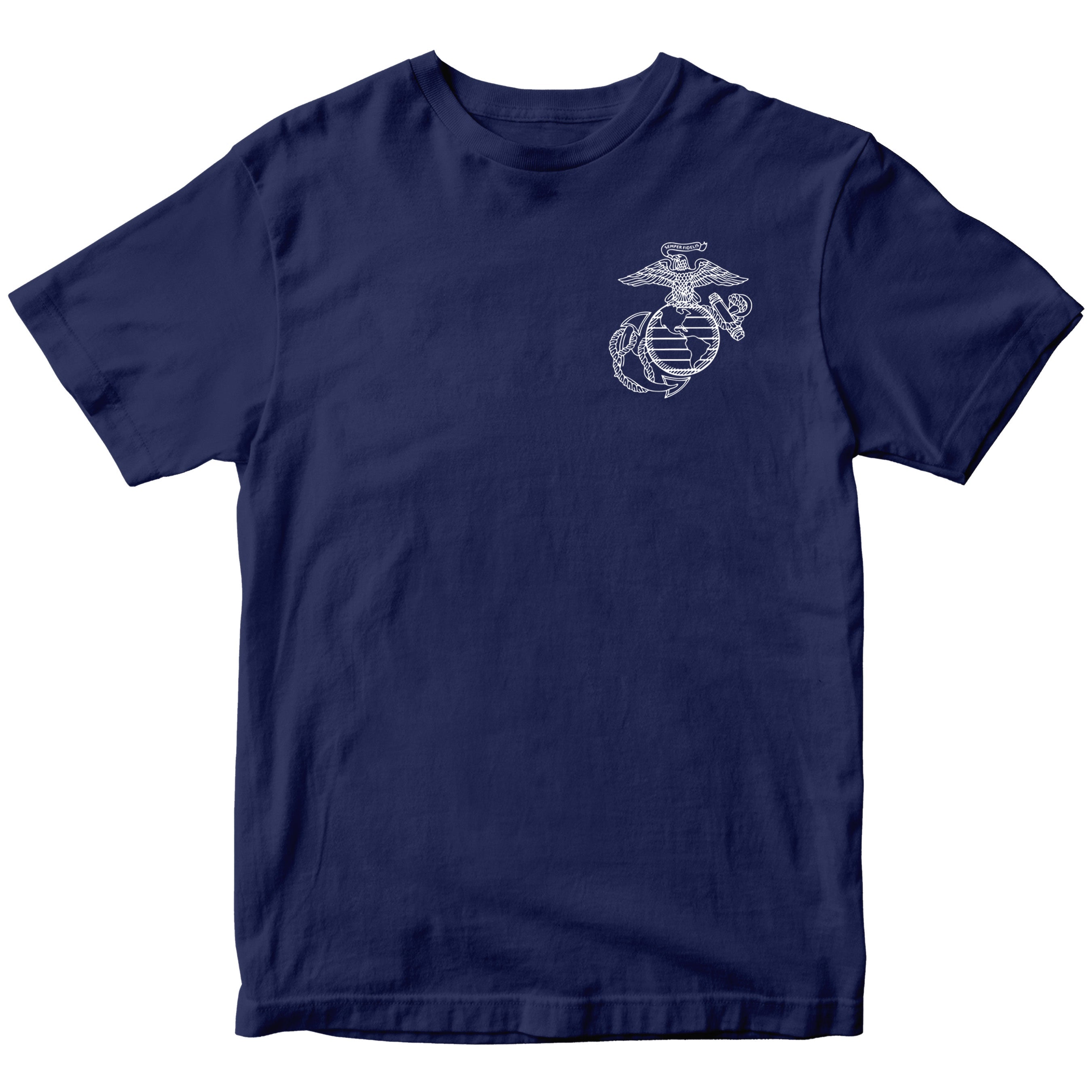 Marine Corps Iwo Jima tactical map T-shirt showing 1945 battle and Eagle Globe and Anchor Chest Seal