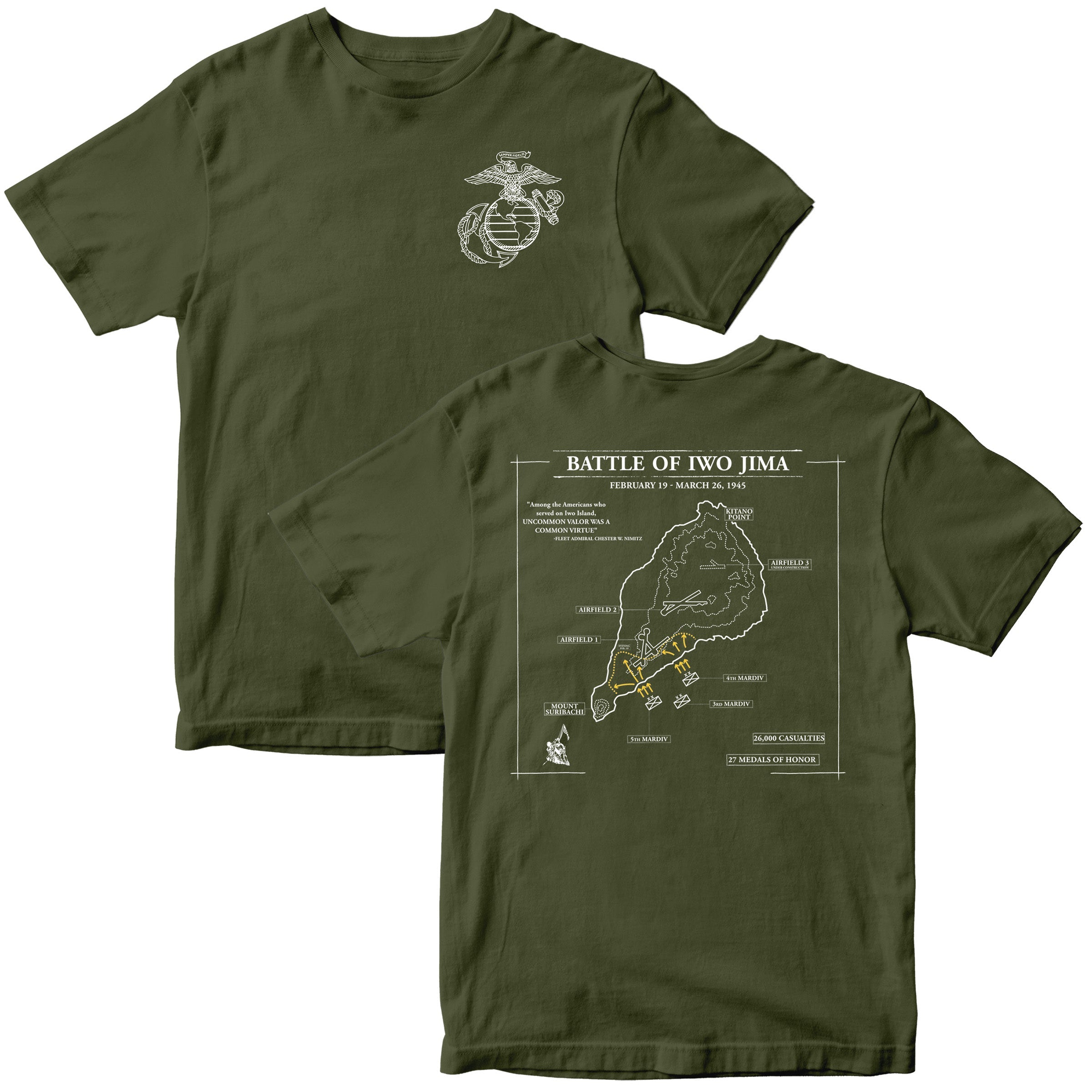Green Marine Corps Iwo Jima tactical map T-shirt showing 1945 battle layout. USMC Iwo Jima Tee
