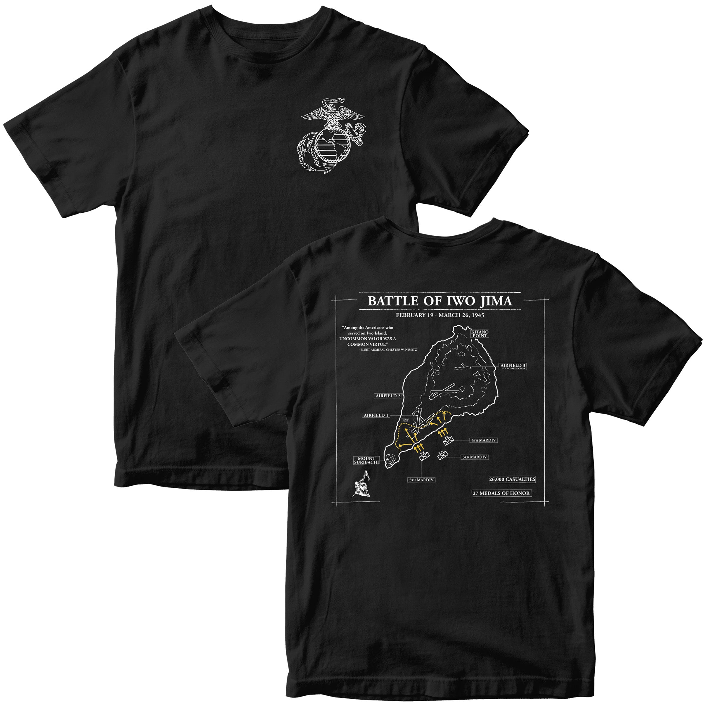 Black Marine Corps Iwo Jima tactical map T-shirt showing 1945 battle layout. USMC Iwo Jima Tee