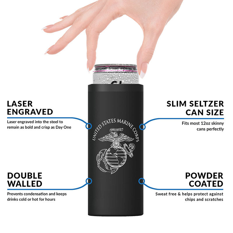 Black USMC Marines Skinny Can Cooler