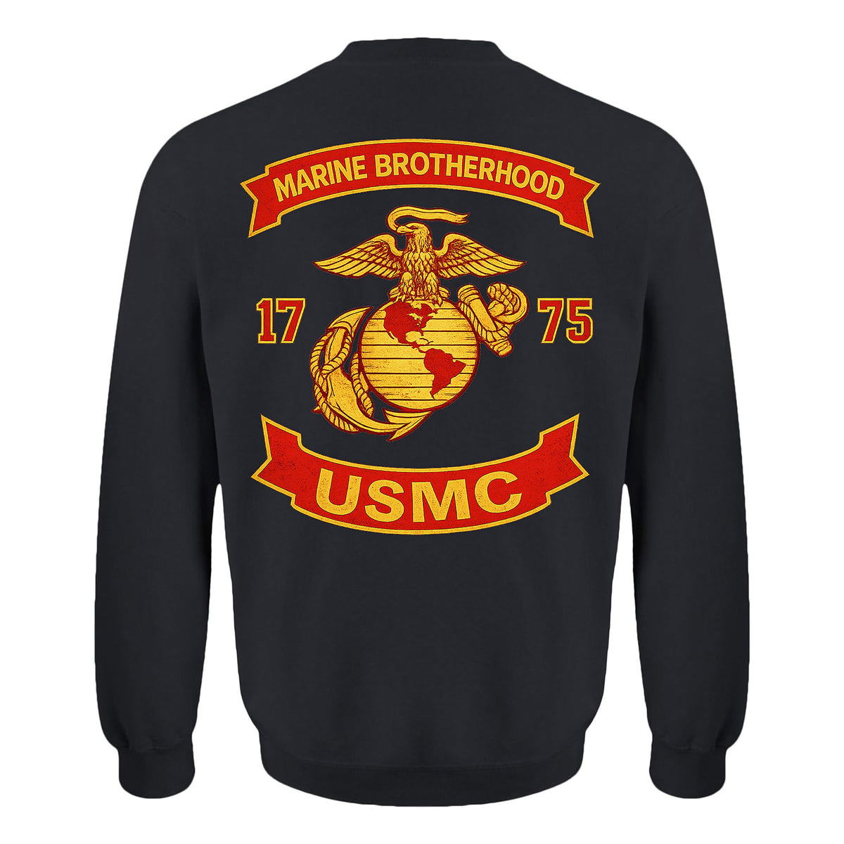 Black USMC sweatshirt with large motorcycle club–style back graphic reading ‘Marine Brotherhood,’ ‘1775,’ and ‘USMC. Marines Motorcycle sweatshirt