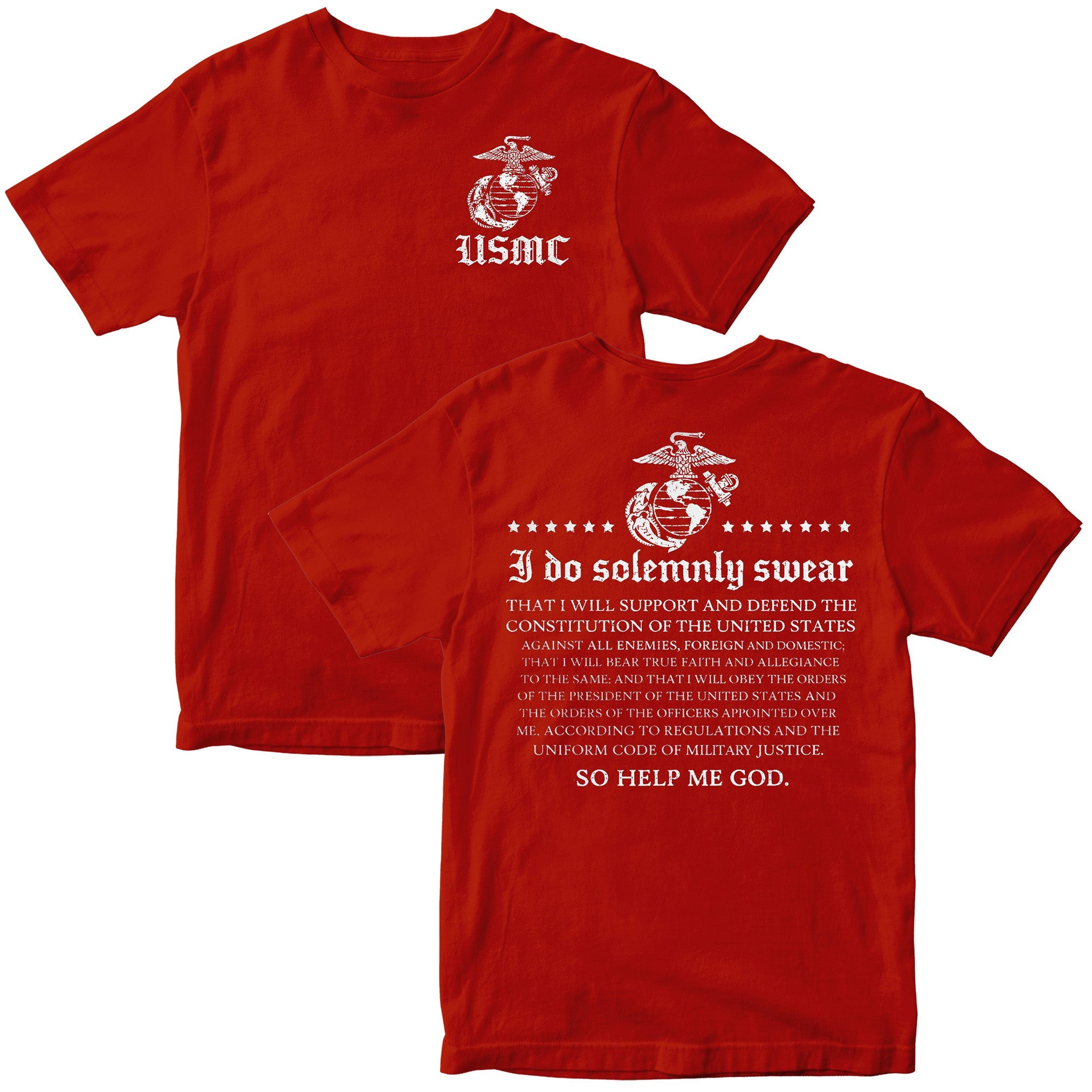 Red USMC Oath of Enlistment T-shirt with Eagle Globe and Anchor and full oath text.