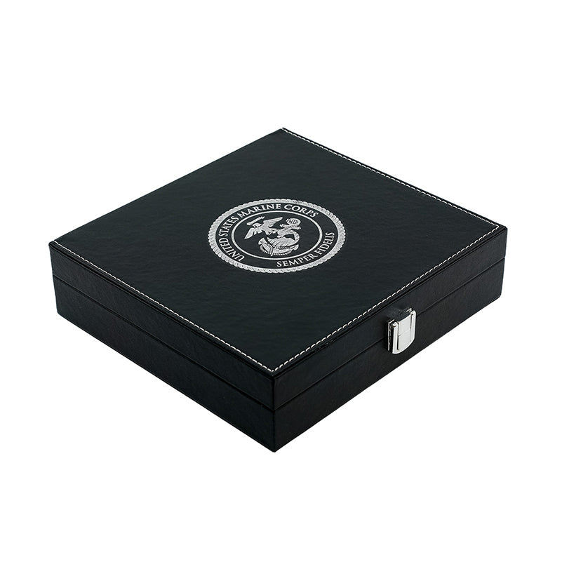 Black Leather Box USMC Marine Corps Poker Set