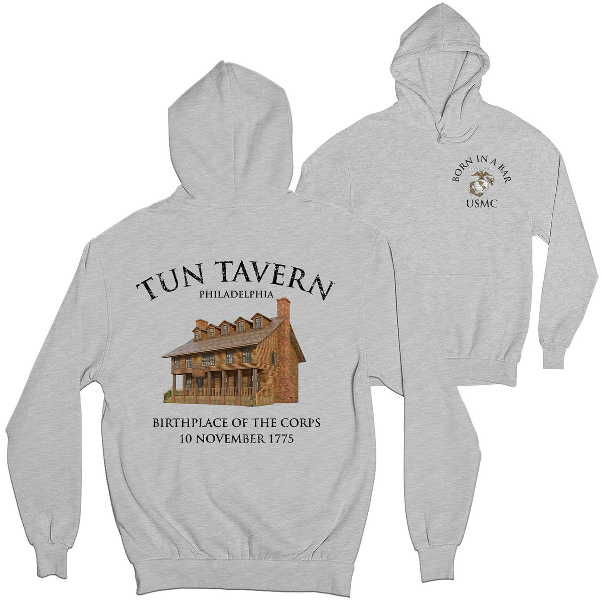 Grey Marines Tun Tavern Hoodie. USMC Tun Tavern Born in a bar EGA