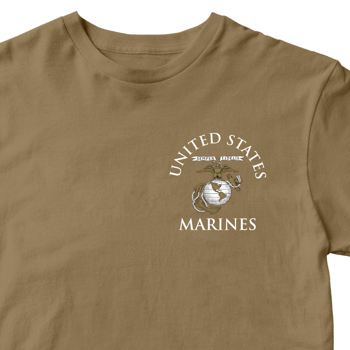 Brown Marine Corps tee featuring United States Marines text and EGA emblem chest seal