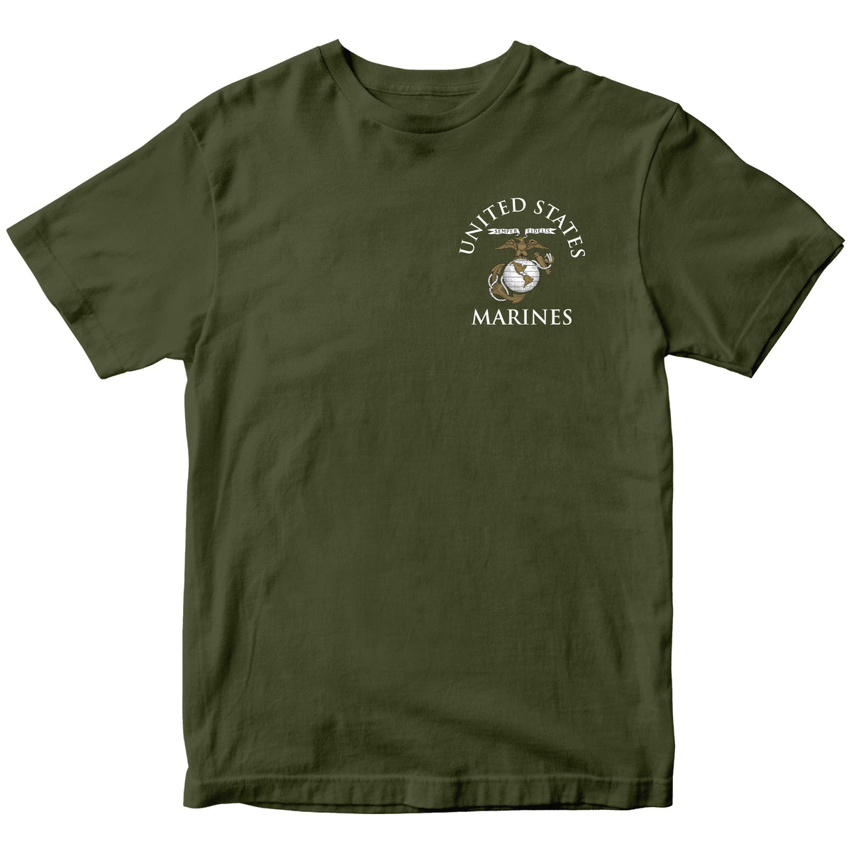 Green Marine Corps tee featuring United States Marines text and EGA emblem chest seal