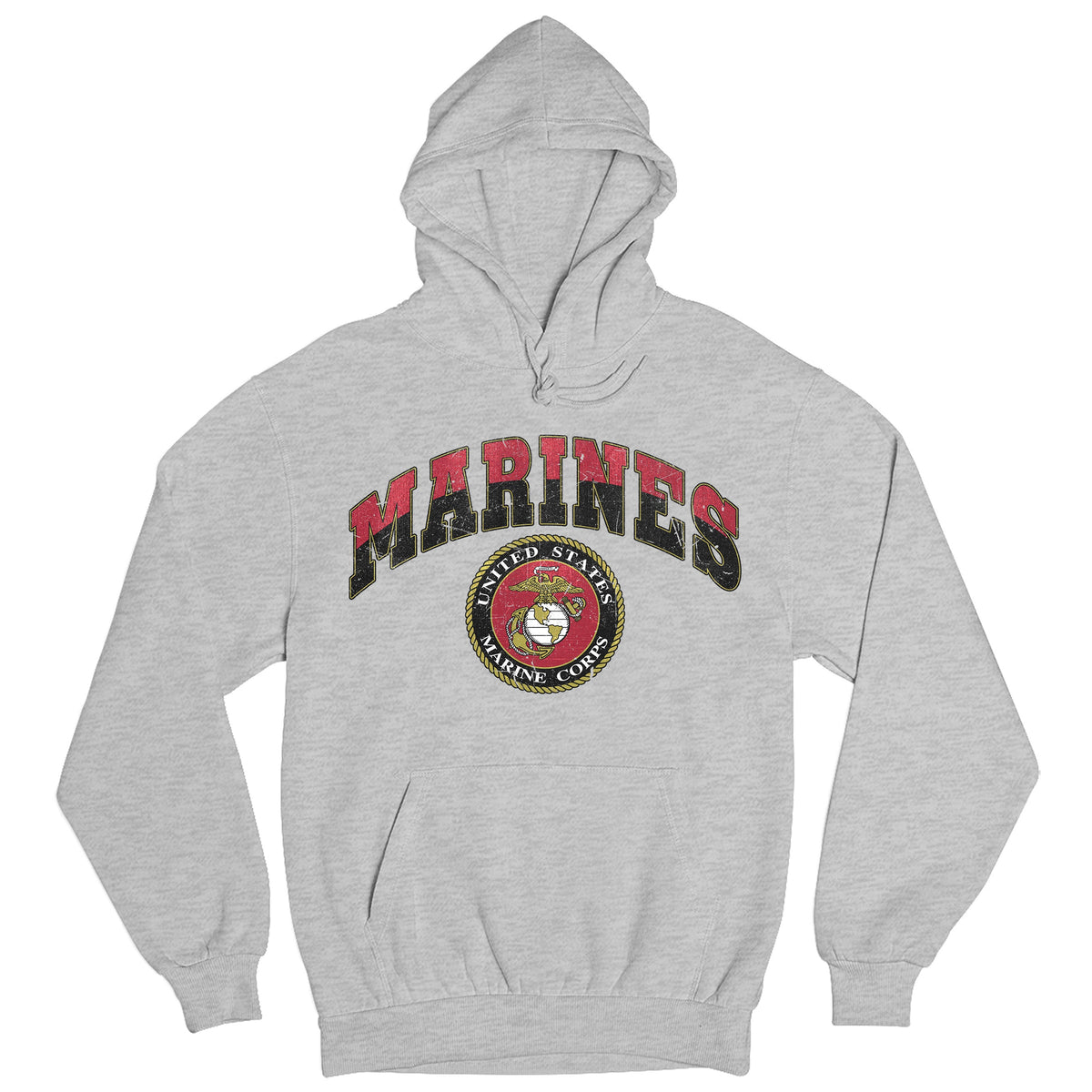 Gray USMC hoodie with vintage red and gold 'MARINES' text and full-color United States Marine Corps seal, patriotic military hoodie for Marines 