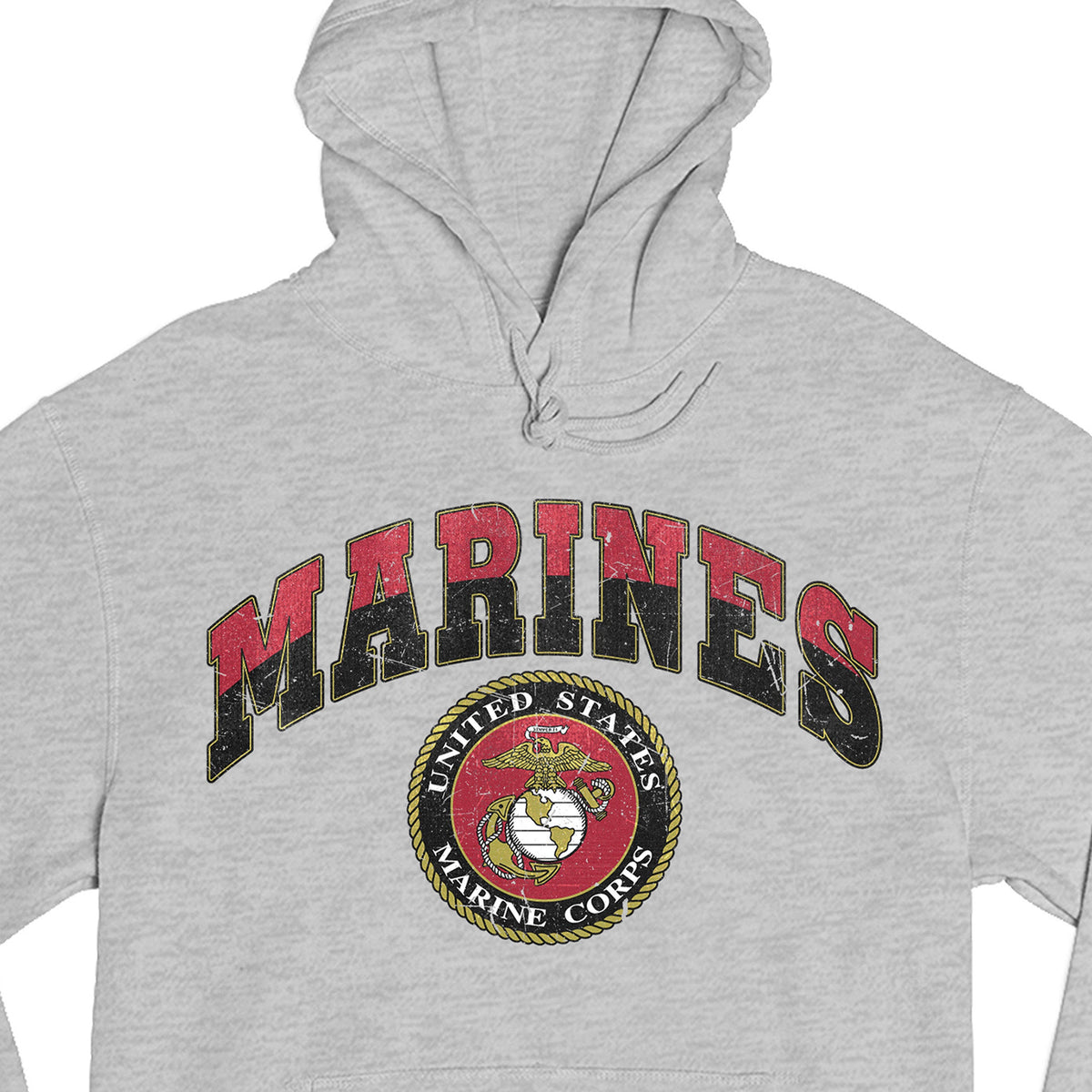 Gray USMC hoodie with vintage red and gold 'MARINES' text and full-color United States Marine Corps seal, patriotic military hoodie for Marines 