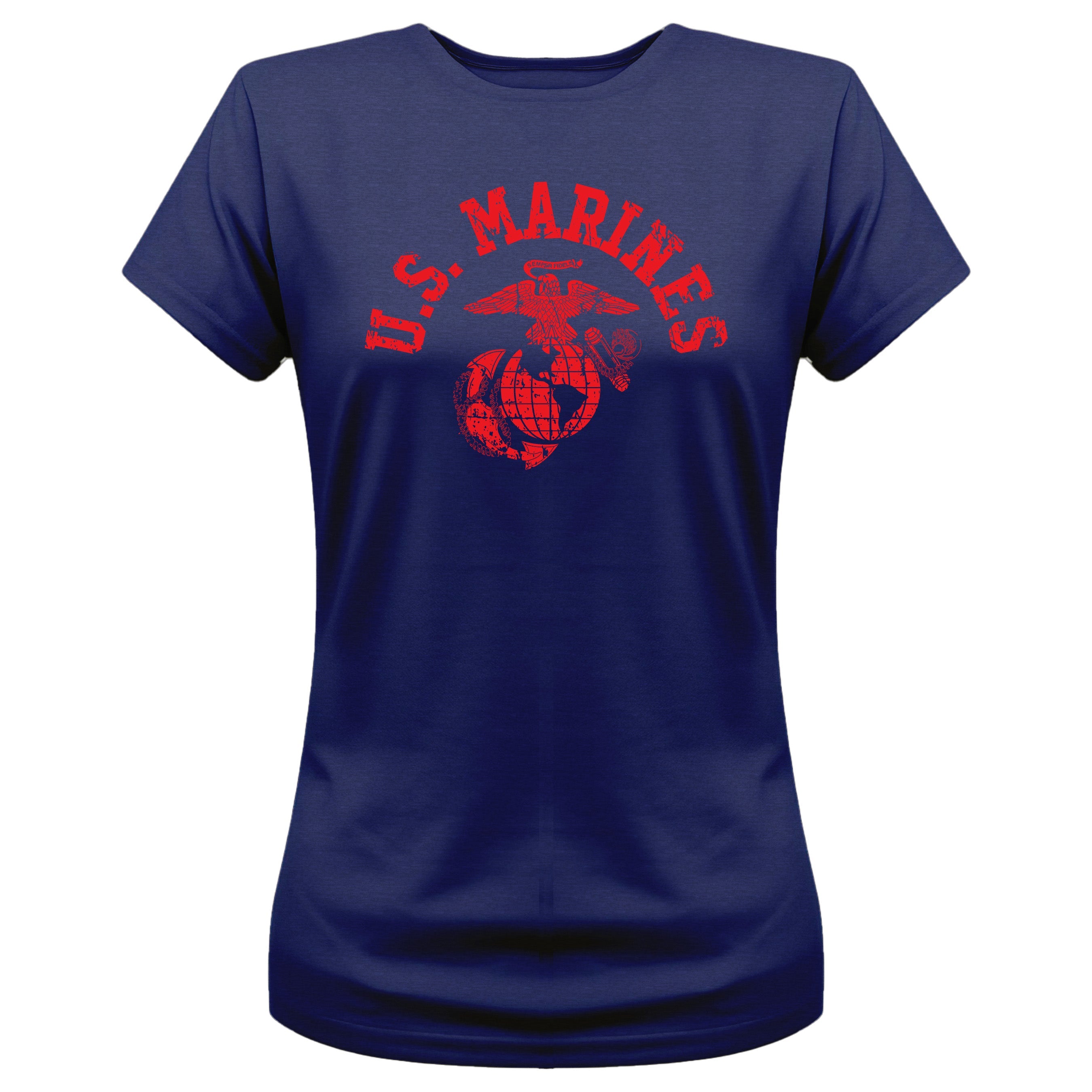 Women’s navy U.S. Marines t-shirt with bold red distressed 'U.S. MARINES' text and vintage Eagle, Globe, and Anchor emblem